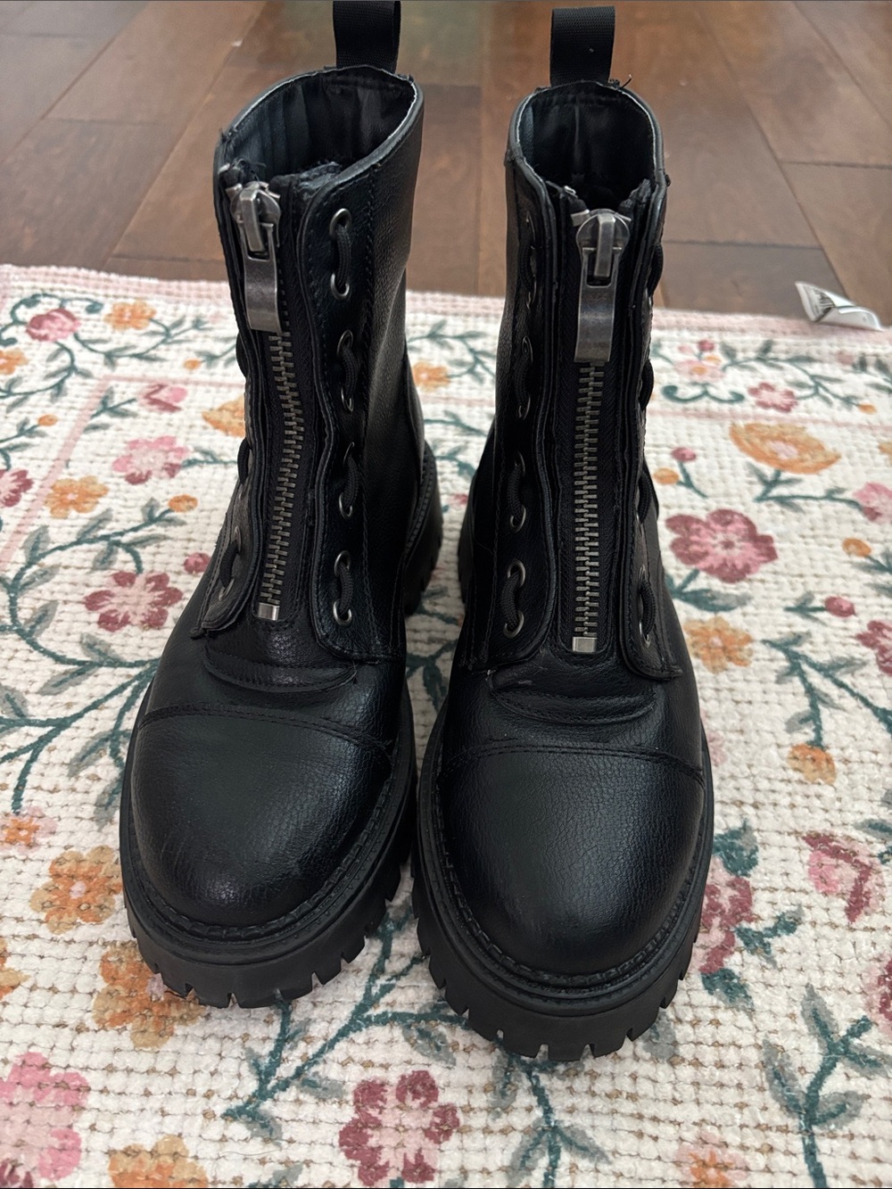 Sincerly Jules Black Front-Zip Lug Sole Combat Boots